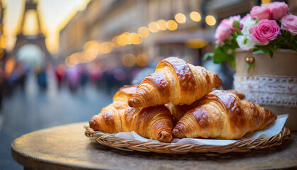 French croissants against dreamy Eiffel Tower backdrop, evoking romance and Parisian charm