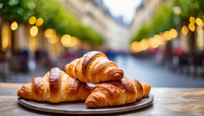 French croissants against dreamy Eiffel Tower backdrop, evoking romance and Parisian charm