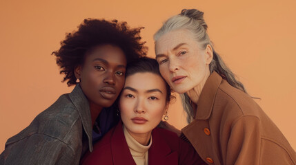 Three women of different generations and different nationalities looking at camera.

