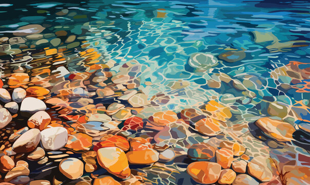 Multicolored sea pebbles underwater background. Ocean shore. Color vector illustration