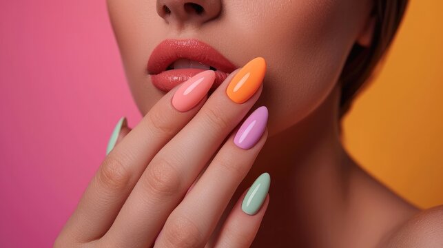 Naklejki Very creative creations on girls' artificial nails to make you really fashionable. Nail polish, artificial nails, gel polish. Generative AI