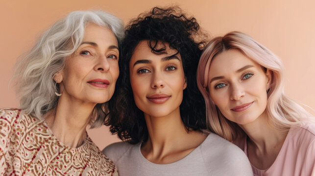 Three women of different generations and different nationalities looking at camera.


