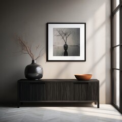 Black framed picture and vase near a wooden chest