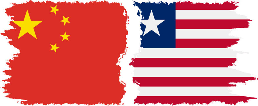 Liberia and China grunge flags connection vector