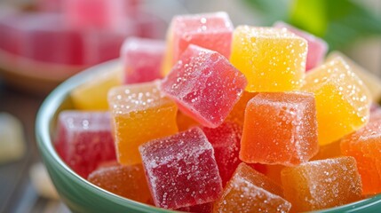 A colorful bowl of cubed jelly cubes, each bursting with fruity flavors and shimmering in the light