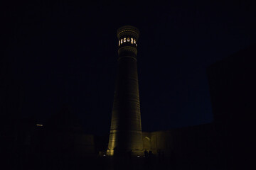 Night view of the Kalyan Minaret in Bukhara, Uzbekistan