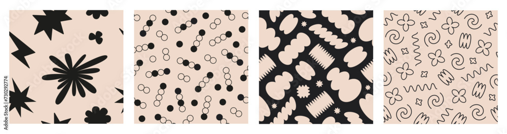 Poster Vector set of Abstract seamless patterns with playful cartoon shapes and lines. Trendy random shapes. Retro funky groovy print