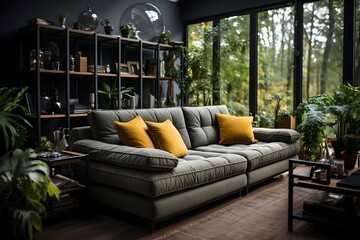 modern living room with luxury sofa and bookshelf generative ai