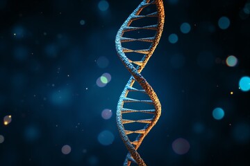 Blue particles dna helix glowing over dark blue background. Concept of genetics, science and medicine. Biotech. DNA spiral model on a dark blue background