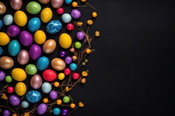 Black background with colorful easter eggs round frame