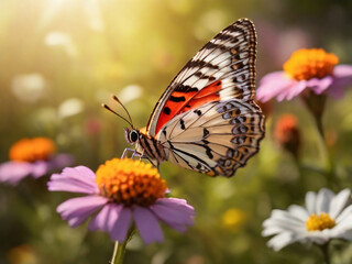 Obraz premium Schmetterling auf lila Blume in sonnendurchflutetem Garten
