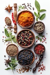 Top view of different spices in spoons on a white background