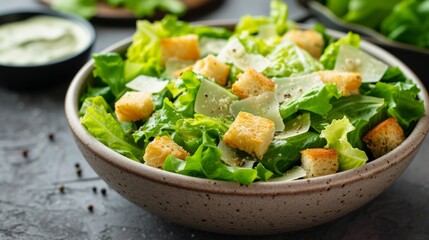 A classic Caesar salad with crisp romaine lettuce, croutons, parmesan cheese - obrazy, fototapety, plakaty