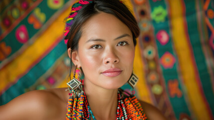 Portrait of a beautiful indigenous woman. Against a background of painted fabric.