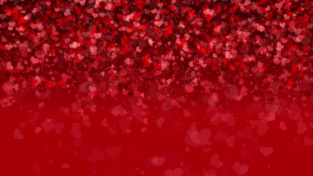 Background of falling small hearts with particle in red colors. Looped festive romantic animation with empty space for text.