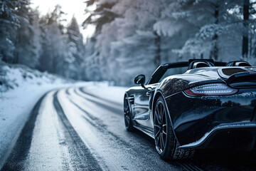 A modern car driving on a snowy highway in winter and tires are essential for safety and performance. drive safely and efficiently in cold weather conditions. a view of a car on a snow-covered road - obrazy, fototapety, plakaty
