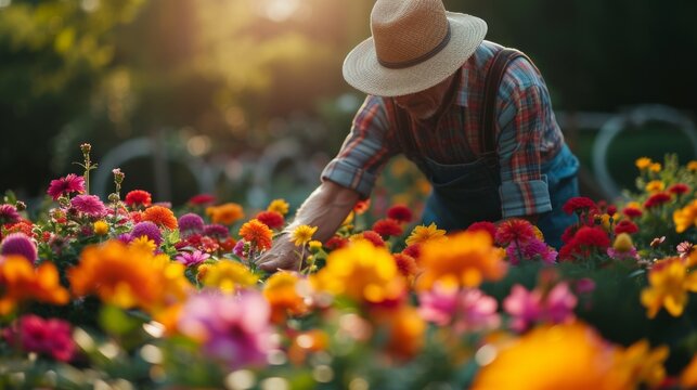 A dedicated gardener meticulously tending to a bed of vibrant flowers under the morning sun