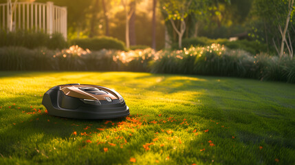 Voice activated robotic lawnmower Captured navigating a well kept garden
