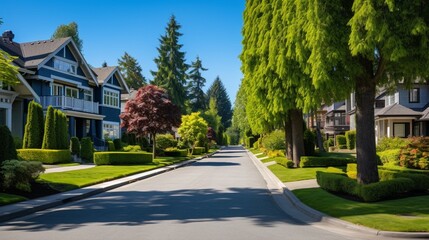 Neighbourhood of luxury houses with street road, big trees and nice landscape in Vancouver, Canada. Blue sky 