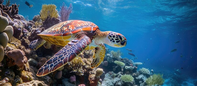 A turtle swimming by coral in the Caribbean Sea.