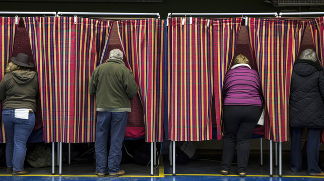 A row of five voting booths in which men and women vote at a polling station.