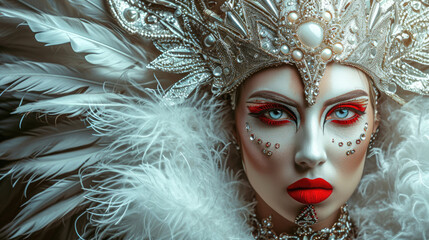A woman with stunning makeup, a crown and a fancy dress decorated with white feathers in a carnival look.