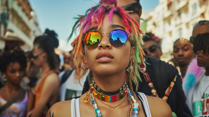 A young woman in sunglasses, with bright dreadlocks and fashionable youth jewelry walks among cheerful people along the street of the city where the festival is taking place.