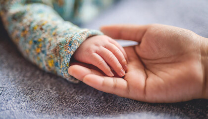 Newborn baby's tiny hand gently folded over adult's hand, symbolizing love, guidance, and new beginnings