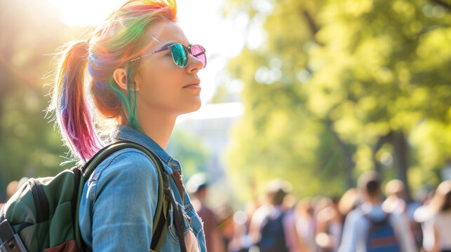 A young woman in sunglasses with colorful hair and a backpack walks along the street of the city where a festival is taking place.