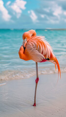 Pink flamingo standing on beach