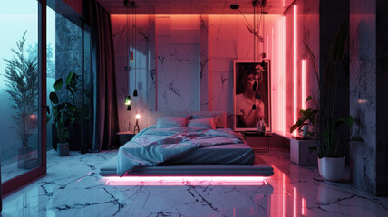Cozy interior with atmospheric neon lighting : bedroom with white marble floor  - obrazy, fototapety, plakaty