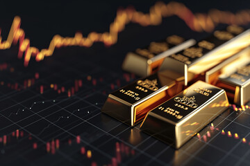 Growth gold bar financial investment stock diagram on black profit graph background. Global economy trade price business market concept or capital marketing golden banking chart exchange invest value. - obrazy, fototapety, plakaty