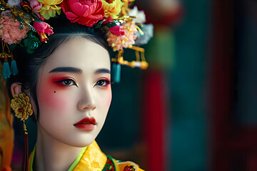 Young beautiful asian brunette woman with creative art makeup wearing traditional dress. Closeup portrait. Fashion concept. Culture, tradition and ethnic. Chinese festival