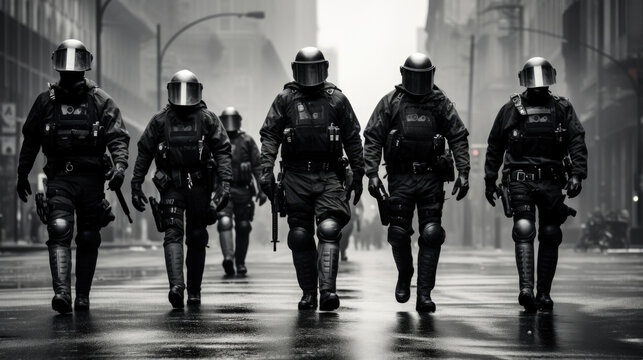 Full body squad of police officers in protective gears with guns wearing medical masks during patrolling street