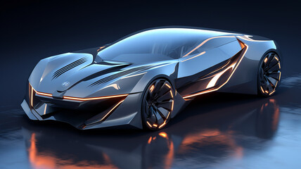 Fototapeta na wymiar A sleek futuristic concept car with a dynamic design and neon lighting accents, reflecting on a polished dark surface, representing innovation and modern technology.Car concept.AI generated.