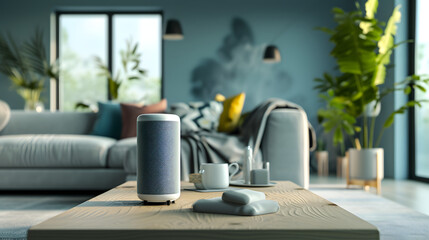Fototapeta na wymiar Voice activated smart speaker Showcasing the speaker in a modern living room setting