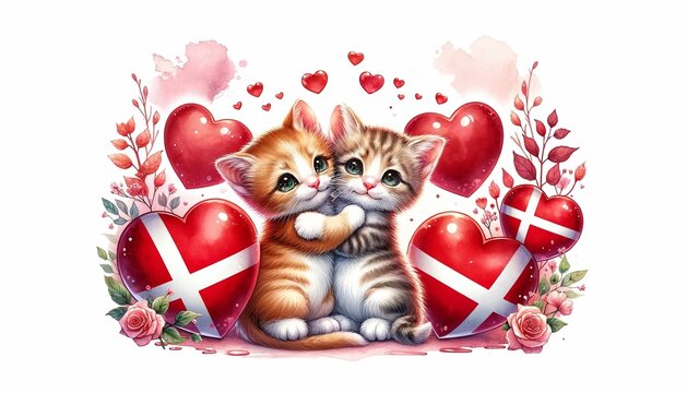 A watercolor concept illustration depicting a cute couple of kittens surrounded by Valentine's Day hearts, adorned with the Denmark flag 03