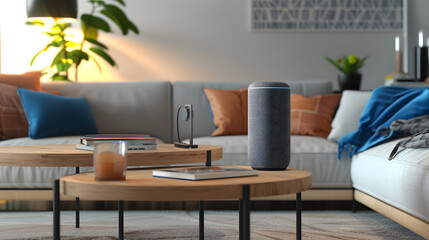 Voice activated smart speaker  Showcasing the speaker in a modern living room setting