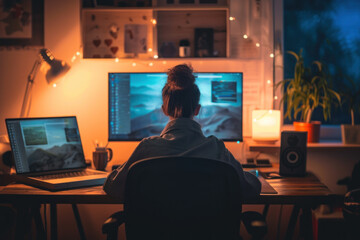 Focused Individual Working on Multiple Screens in a Cozy Home Office at Night