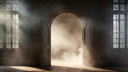Obraz premium An opulent room with grand open double doors invites a dense mystical smoke, highlighted by the soft daylight filtering through tall French windows and rich wood paneling.