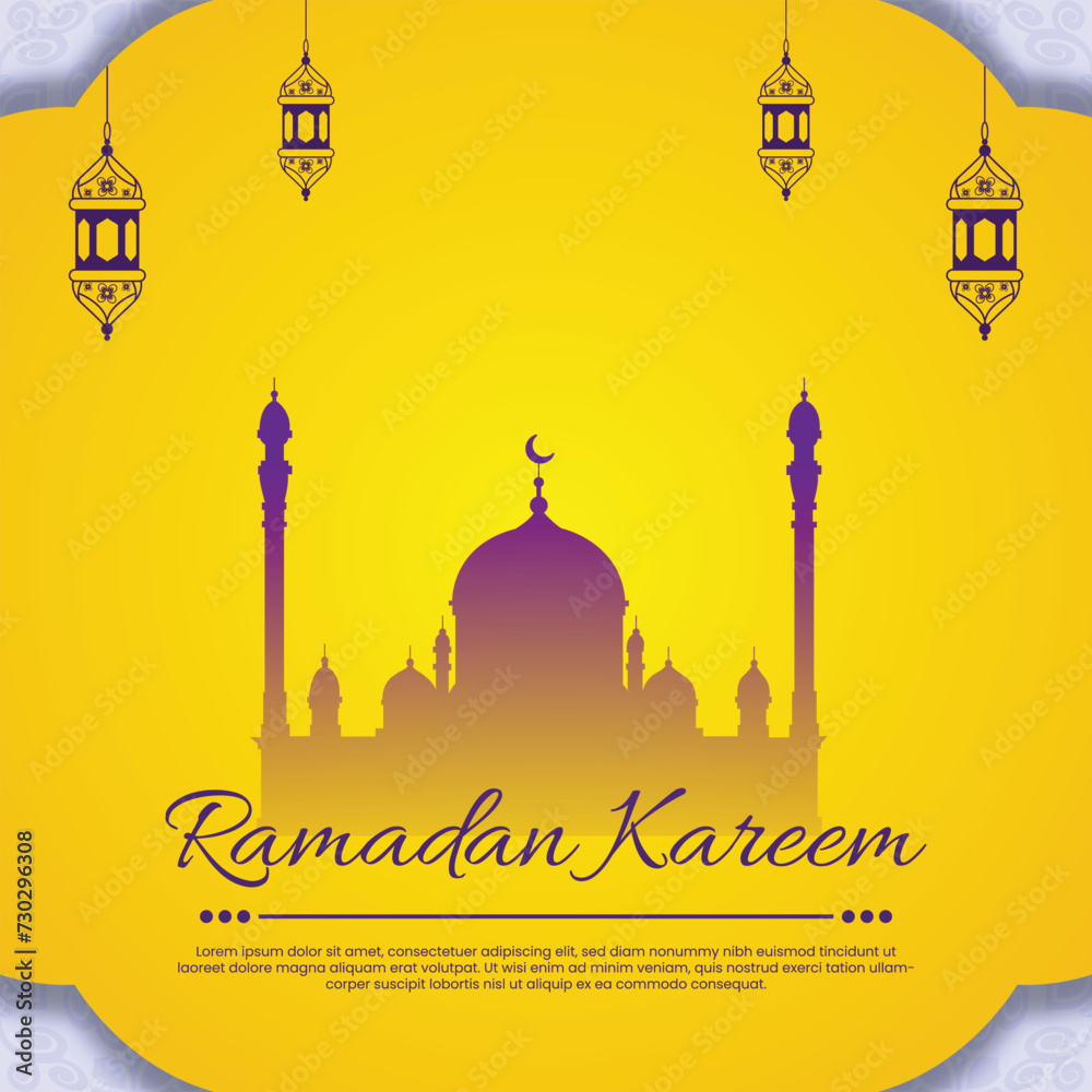 Wall mural ramadan kareem mubarak wishing post with mosque and lantern vector design