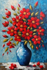 Oil painting, red flowers in a blue vase.