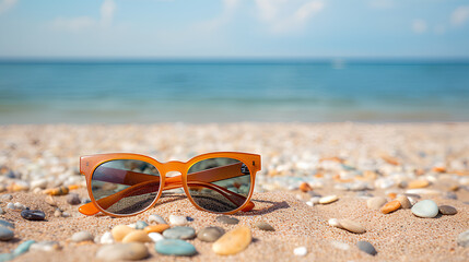 Fototapeta na wymiar Beach ball, sunglasses, flip flops on the beach, holiday, summer concept.