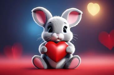 Beautiful small and cute bunny holding a heart. Love. Valentine's Day. 