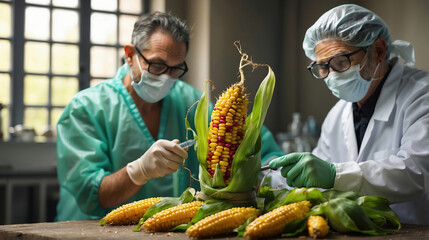GMO food concept. Male scientists grows genetically modified corn in genetic engineering laboratory - obrazy, fototapety, plakaty