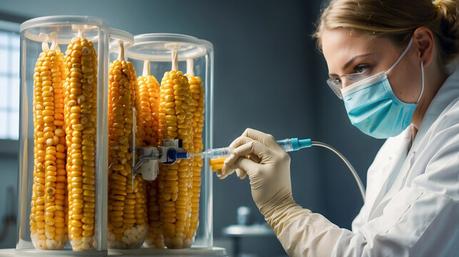 GMO food concept. Female scientist grows genetically modified corn in genetic engineering laboratory - Powered by Adobe