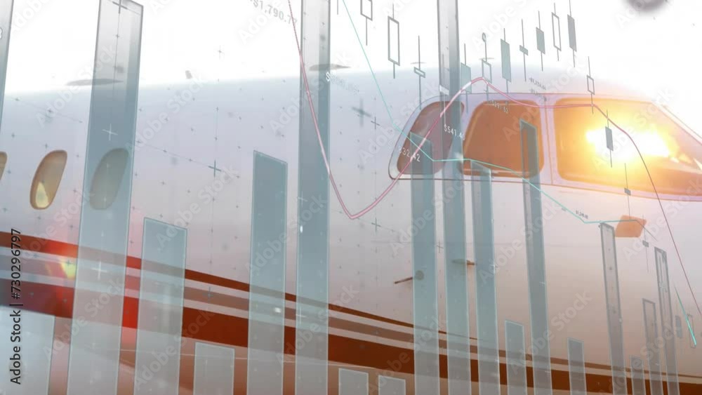 Poster animation of graphs processing data over jet plane on runway