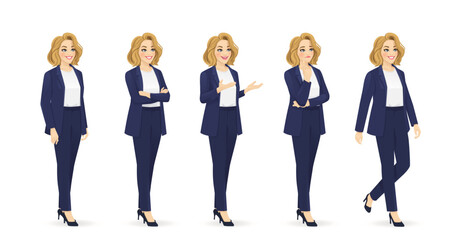 Elegant beautiful business woman in suit half turn view different gestures set isolated vector illustration - obrazy, fototapety, plakaty