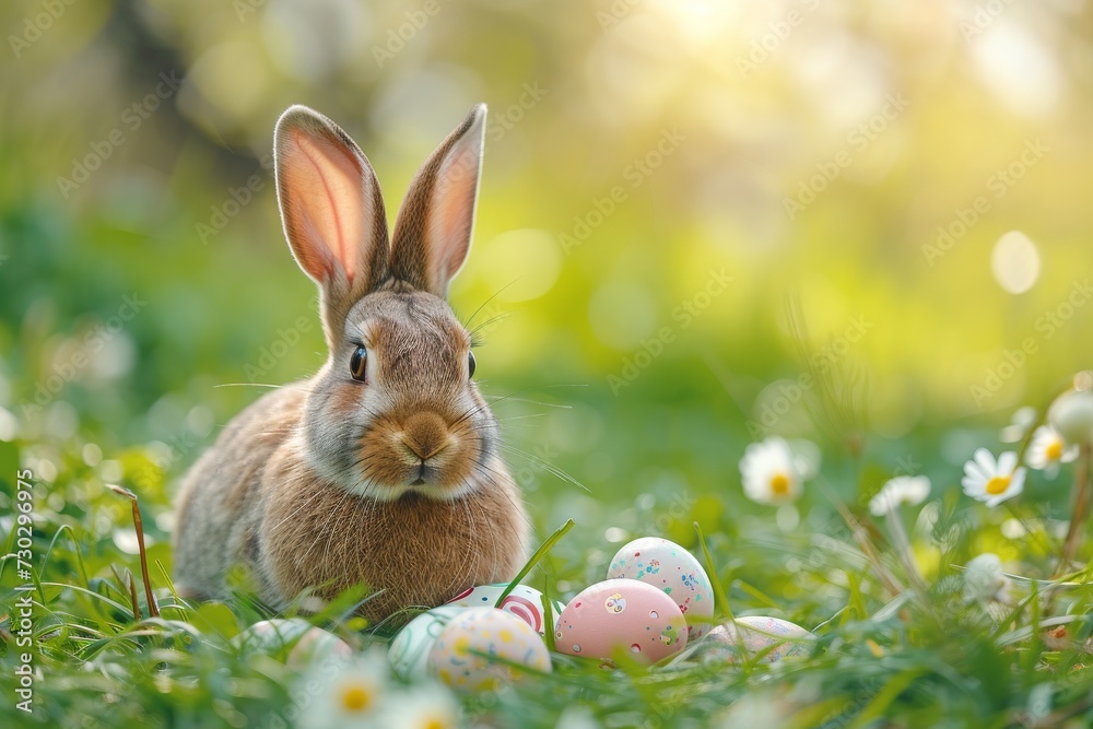 Wall mural Cute Easter bunny with Easter eggs in green grass. Little rabbit sitting near to color eggs in meadow. Generated AI