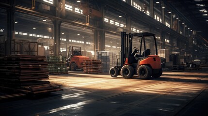 Fototapeta premium Forklift parked in factory warehouse